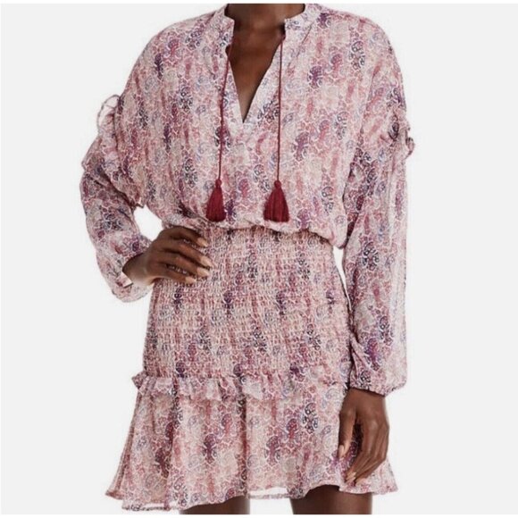 Aqua Dress Smocked Mini Tassel V Neck Sheer Long Sleeve - Picture 1 of 11